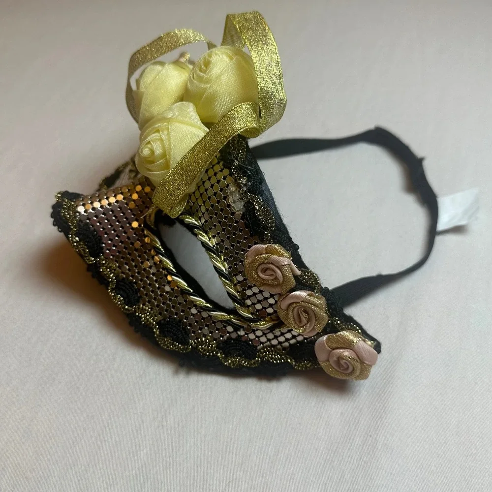 Masquerade Mask Gold Mesh Floral Yellow Pink Roses Halloween Costume Mardi Gras